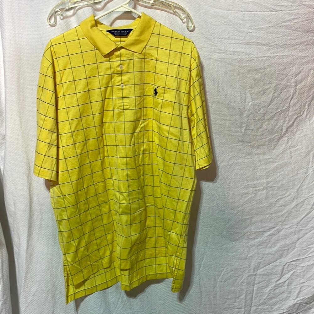 Ralph Lauren L mens polo golf yellow navy window pain polo shirt euc